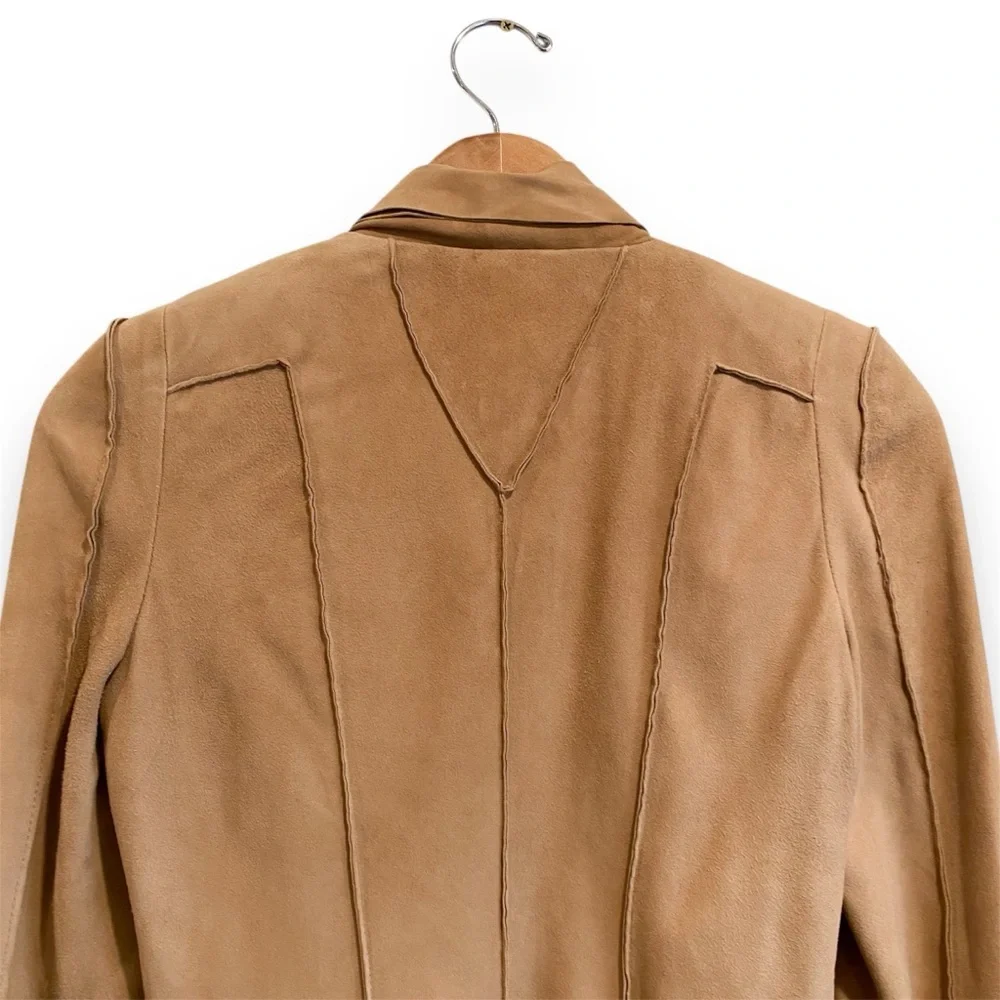 $648‼️BCBGMaxAzria Suede Camel Draped Blazer Coat Jacket Minimalist Quite Luxury - Picture 9 of 12